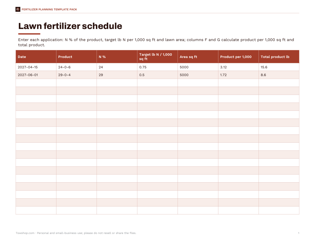 Preview of the first page of Lawn schedule (XLSX)